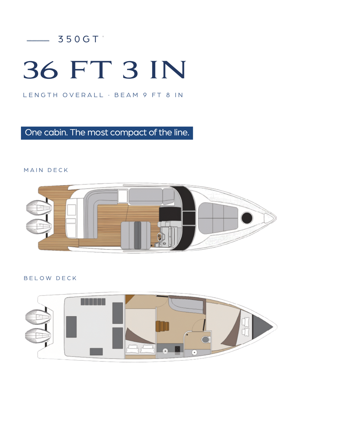 Carousel card 2 of 5 — 350GT — 36 ft 3 in. One cabin. The most compact of the line.