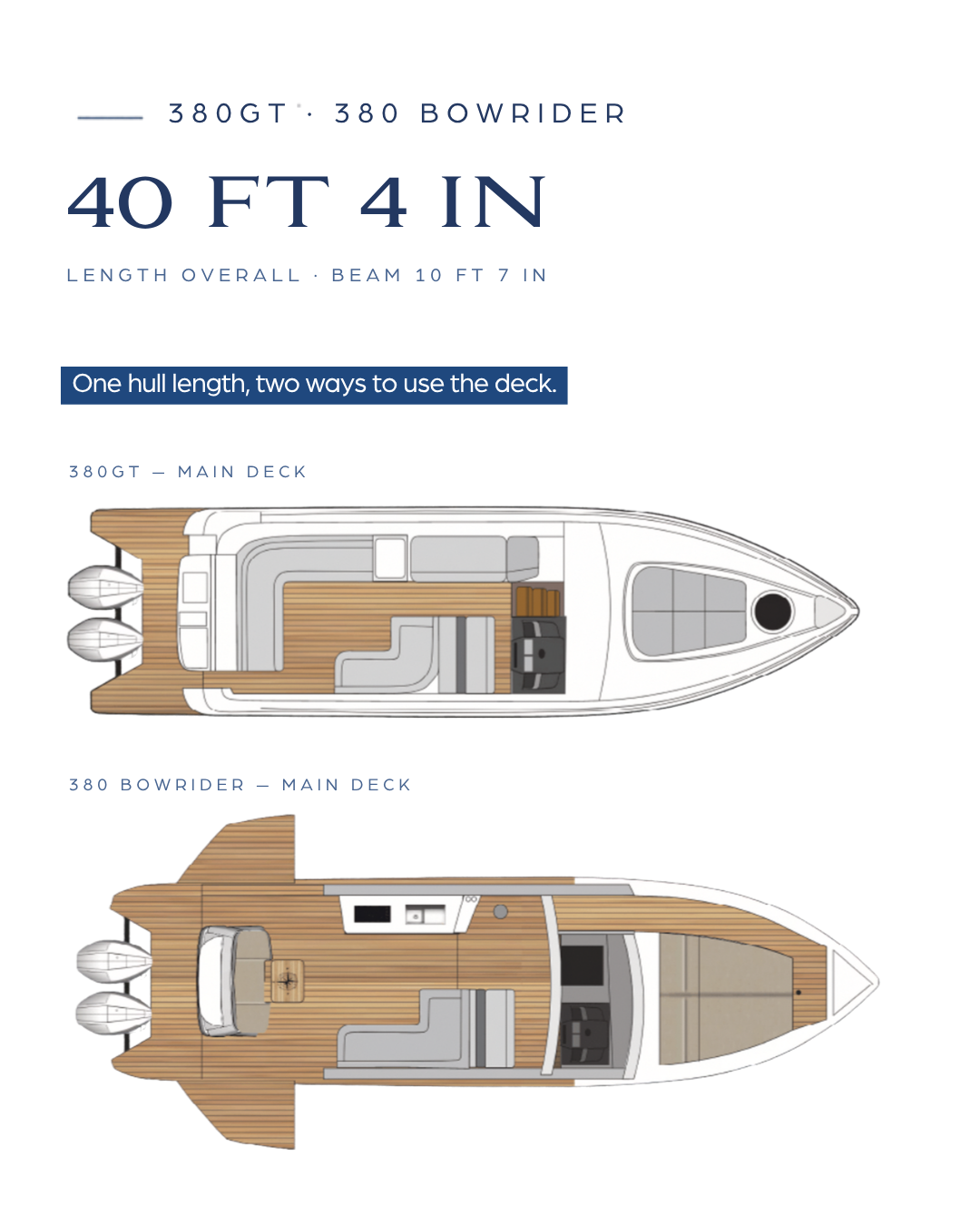 Carousel card 3 of 5 — 380GT · 380 Bowrider — 40 ft 4 in. One hull length, two ways to use the deck.