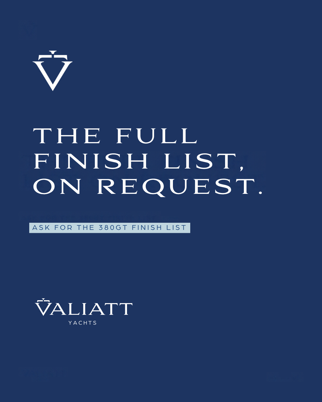 Carousel card 5 of 5 — The full finish list, on request.