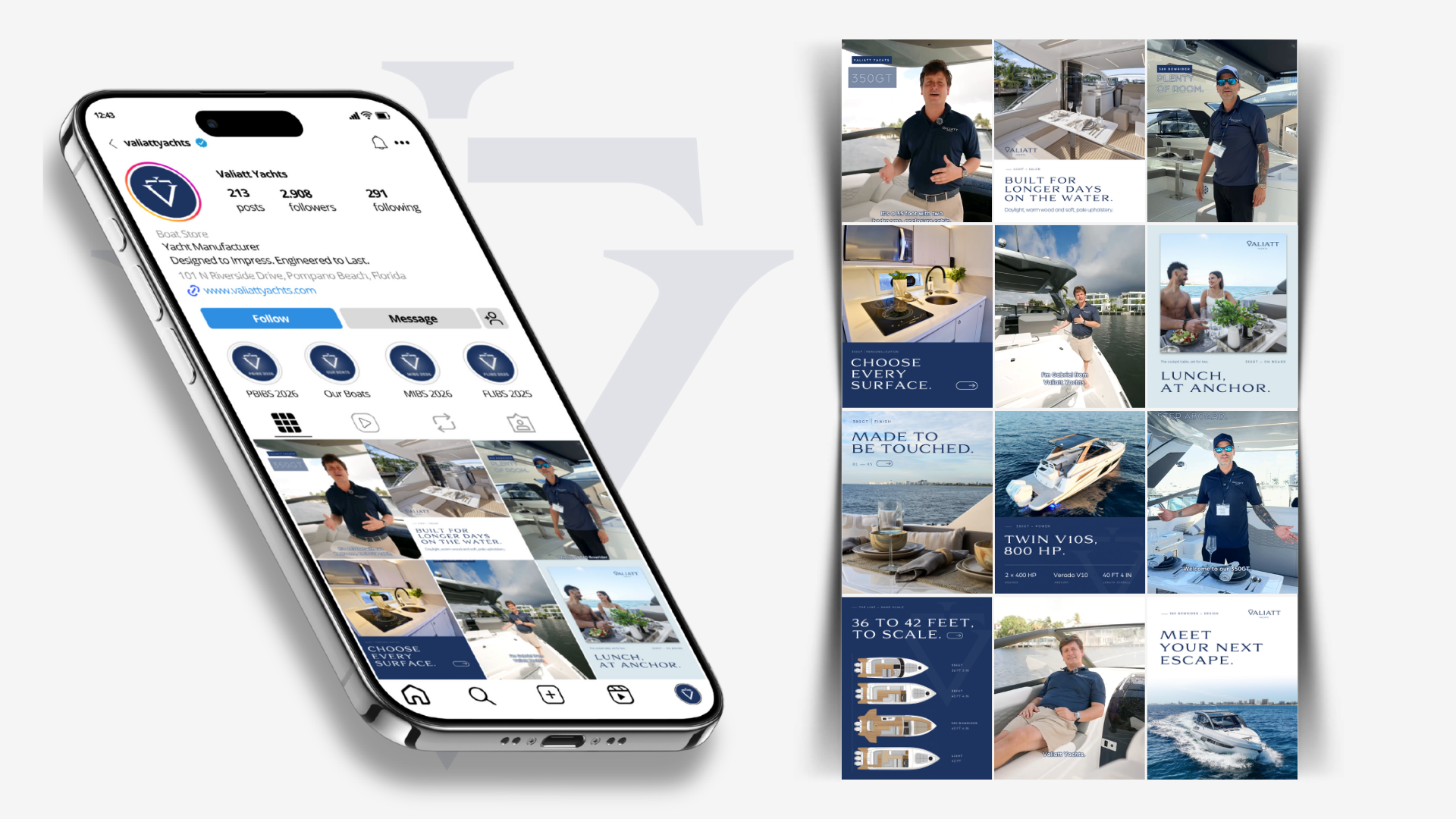 Mockup of the Valiatt Yachts Instagram profile and feed grid
